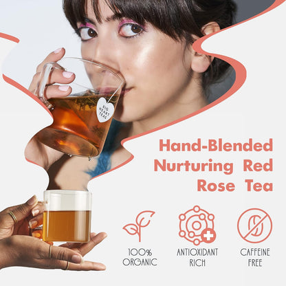Big Heart Tea Co. Tea Bags - Cup of Love Red Rose - Certified Organic, Floral Ayurvedic Herbal Decaf Tea in Zero Plastic Sachets with Small Batch Ground Herbs, Adaptogenic Tulsi, 50 Pack