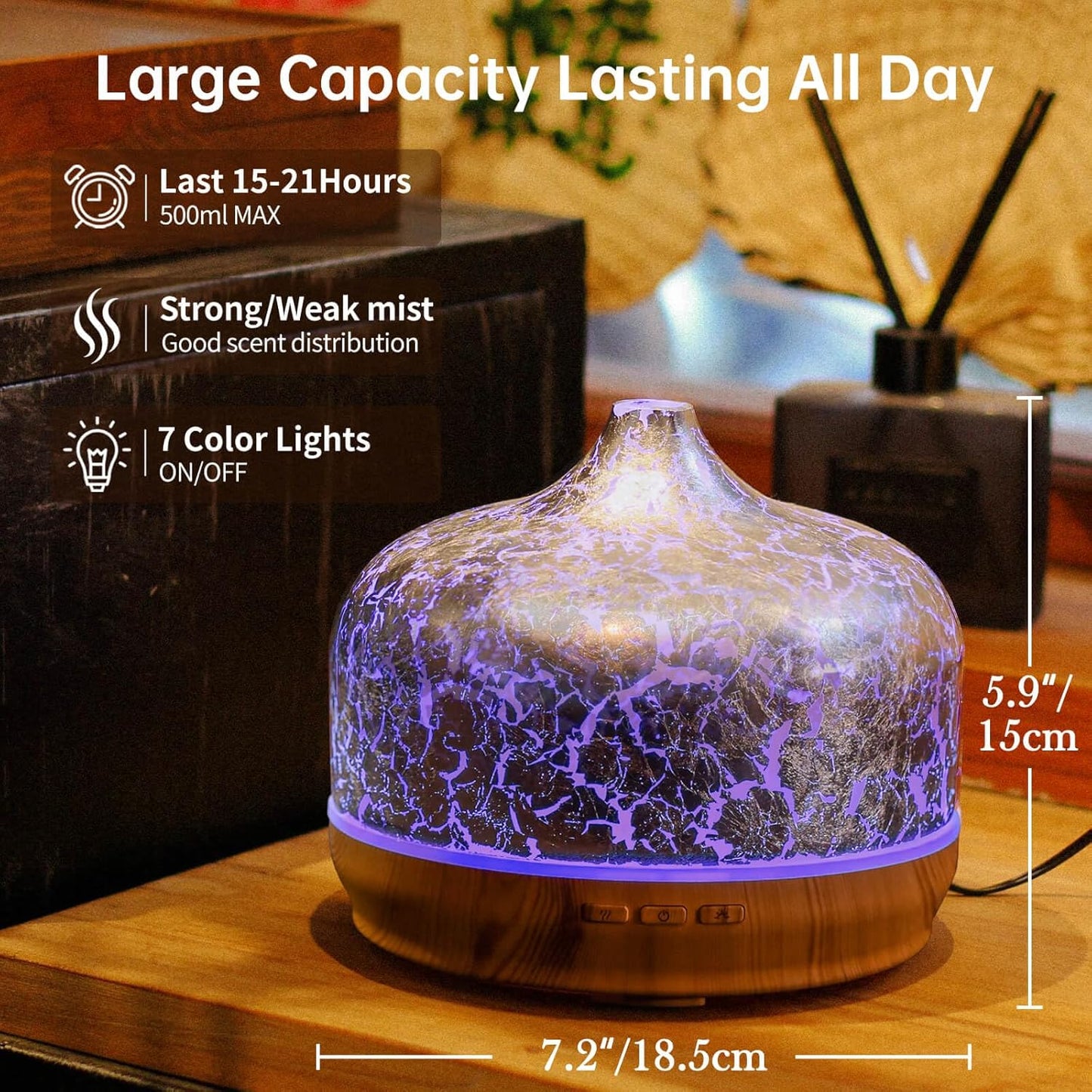 Porseme 500ml Glass Essential Oil Diffuser Aromatherapy Ultrasonic Cool Mist Humidifier 15-21 Running Hours Waterless Auto-Off Air Diffusers for Sleeping Yoga Working Spa(Light Blue)
