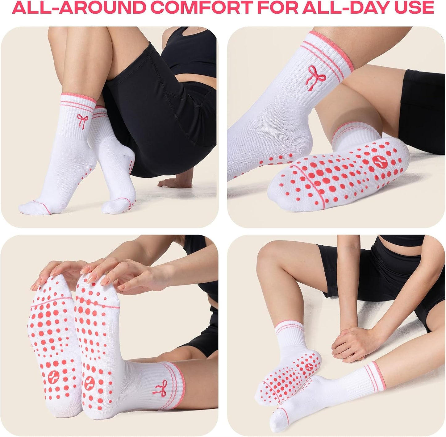 COOLMATE Pilates Socks with Grips for Women, Yoga Socks, Crew Non Slip Women for Barre, Pilates Gifts for Women - Colors B