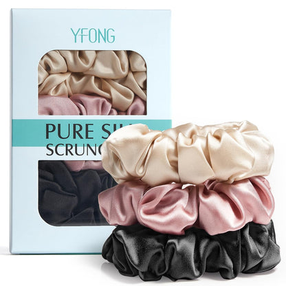 YFONG 3 PCS 100% Mulberry Silk Scrunchies for Women Girls, 22 Momme Soft Hair Ties for Frizz & Breakage Prevention, Elastic Ponytail Holders Gentle And No hurt, (Pink+Champagne+Plum Purple)