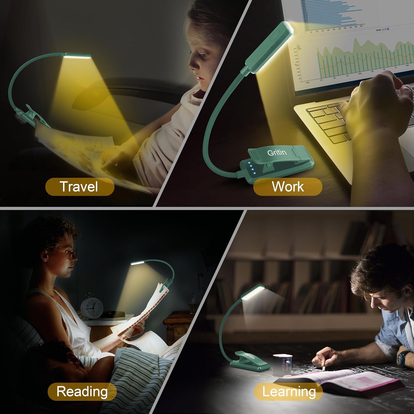 Gritin 9 LED Rechargeable Book Light for Reading in Bed | Eye Caring 3 Color Temps,Stepless Dimming Brightness,80 Hrs Runtime Small Lightweight Clip On Book Reading Light for Studying