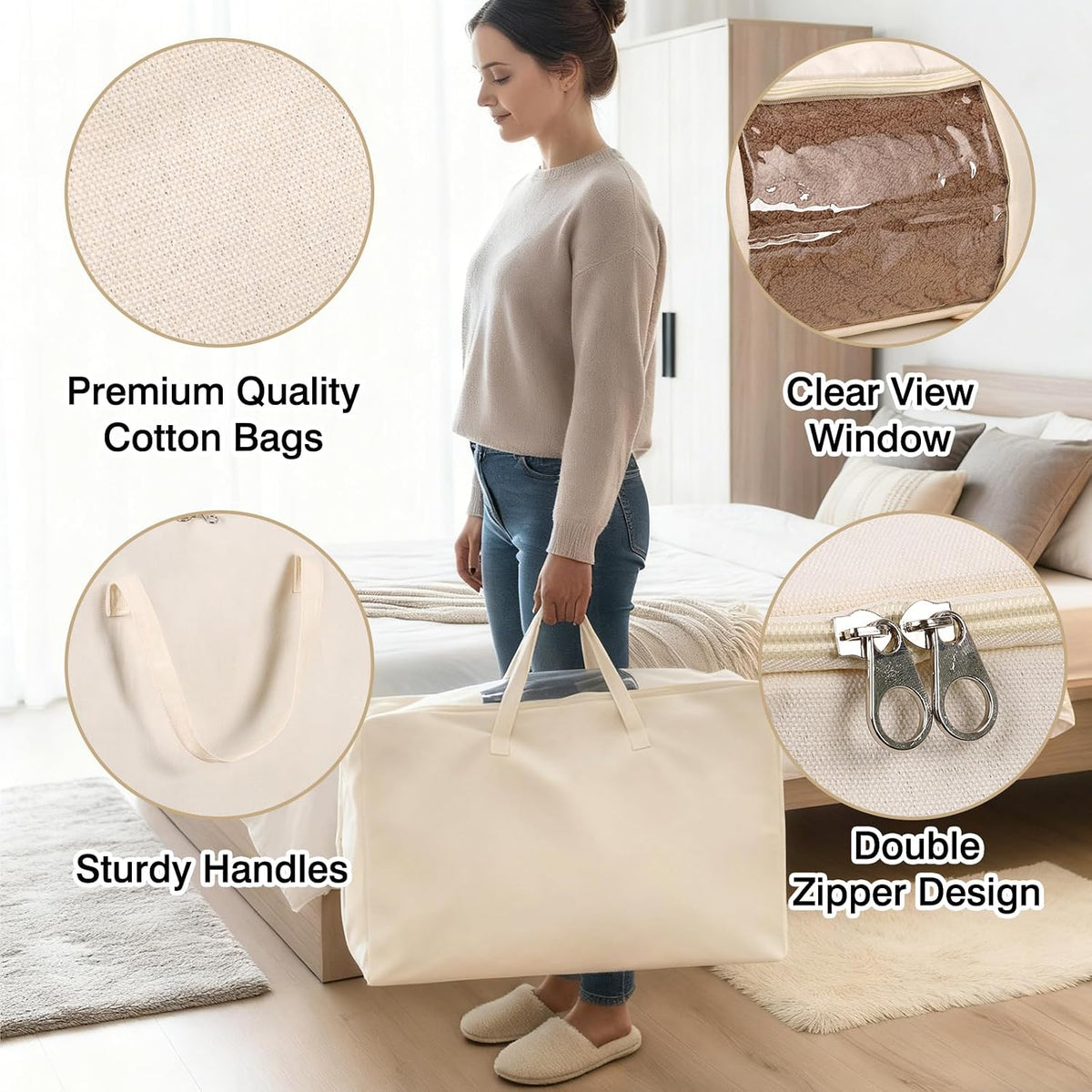 Comforter Storage Bags 70L Canvas Closet Organizer Clothes Container