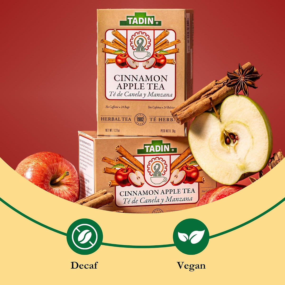 Tadin Cinnamon Apple Herbal Tea, Caffeine Free, Decaf, 24 Tea Bags, Pack of 6