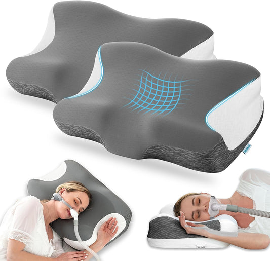 Elviros Cervical Neck Pillow for Neck Pain Relief, CPAP Pillow for Side, Back & Stomach Sleepers, Ergonomic Orthopedic Pillow for CPAP Users to Reduce Air Leaks and Mask Pressure, Dark Grey