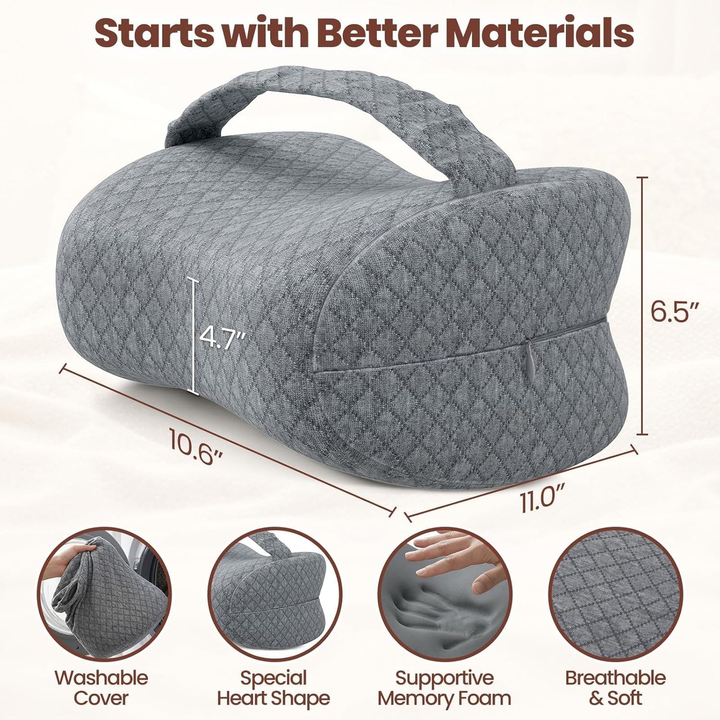 Knee Pillow for Side Sleepers, Supportive Memory Foam Leg Pillow for Side Sleeping with Elastic Strap, Heart-Shape Pillow Between Legs for Pain Relief on Sciatica, Hip Joints, Gray