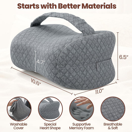 Knee Pillow for Side Sleepers, Supportive Memory Foam Leg Pillow for Side Sleeping with Elastic Strap, Heart-Shape Pillow Between Legs for Pain Relief on Sciatica, Hip Joints, Gray