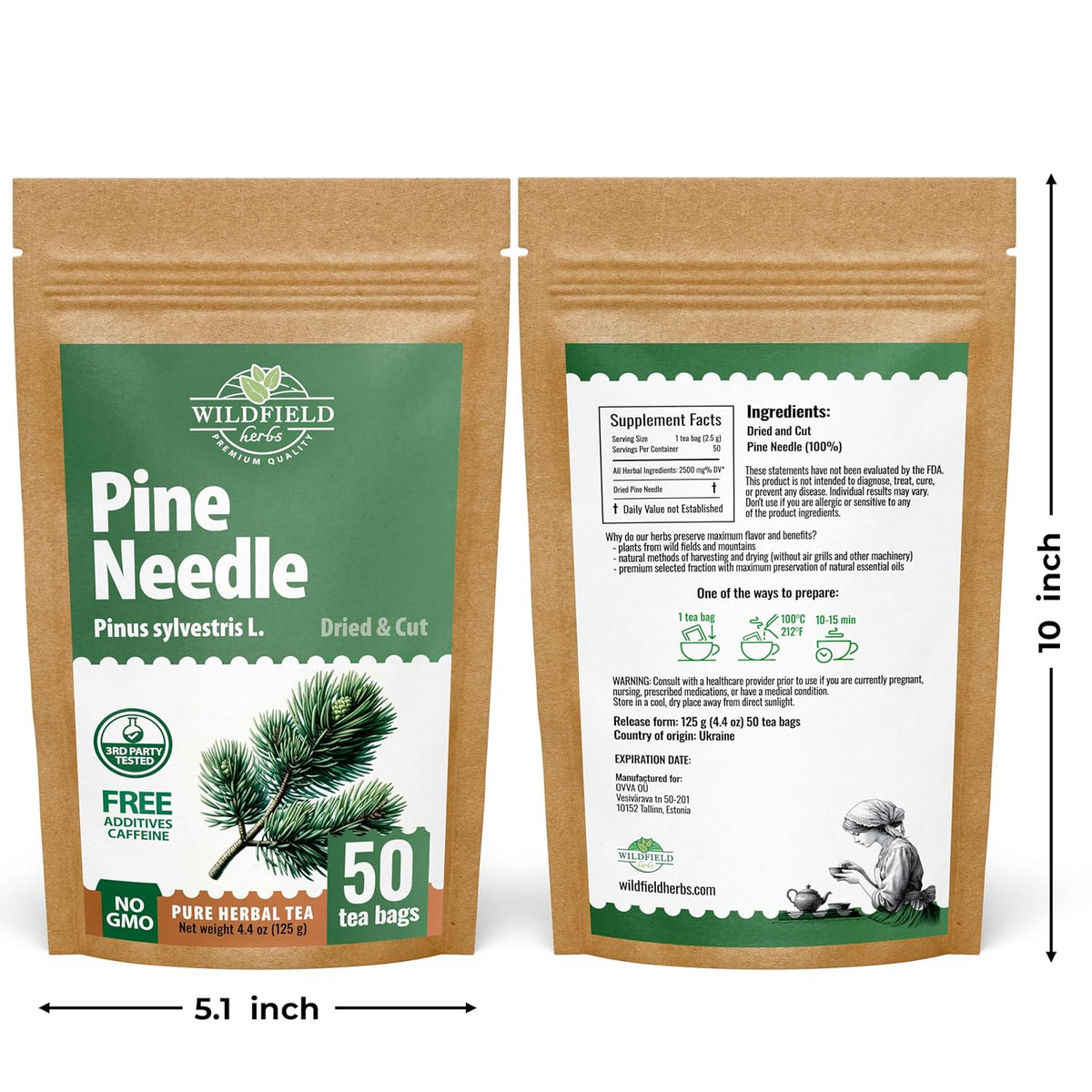 50 Bags Pine Needle Tea Dried Pine Needles Herb Tea (Pinus Koraiensis) - 50 Count 2.5g Bags Dried Needle Leaf Aguja De Pino