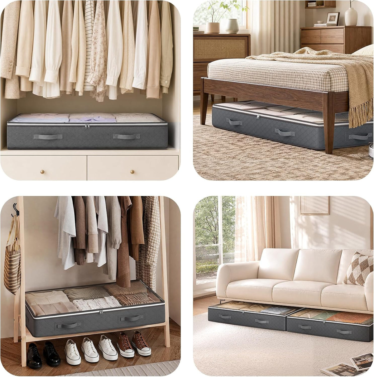 Budding Joy 95L Under Bed Storage Containers, 4 Pack Closet Organizers Grey