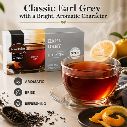 Farmer Brothers Premium Earl Grey Black Tea Bags, 25 Count, Gluten-Free