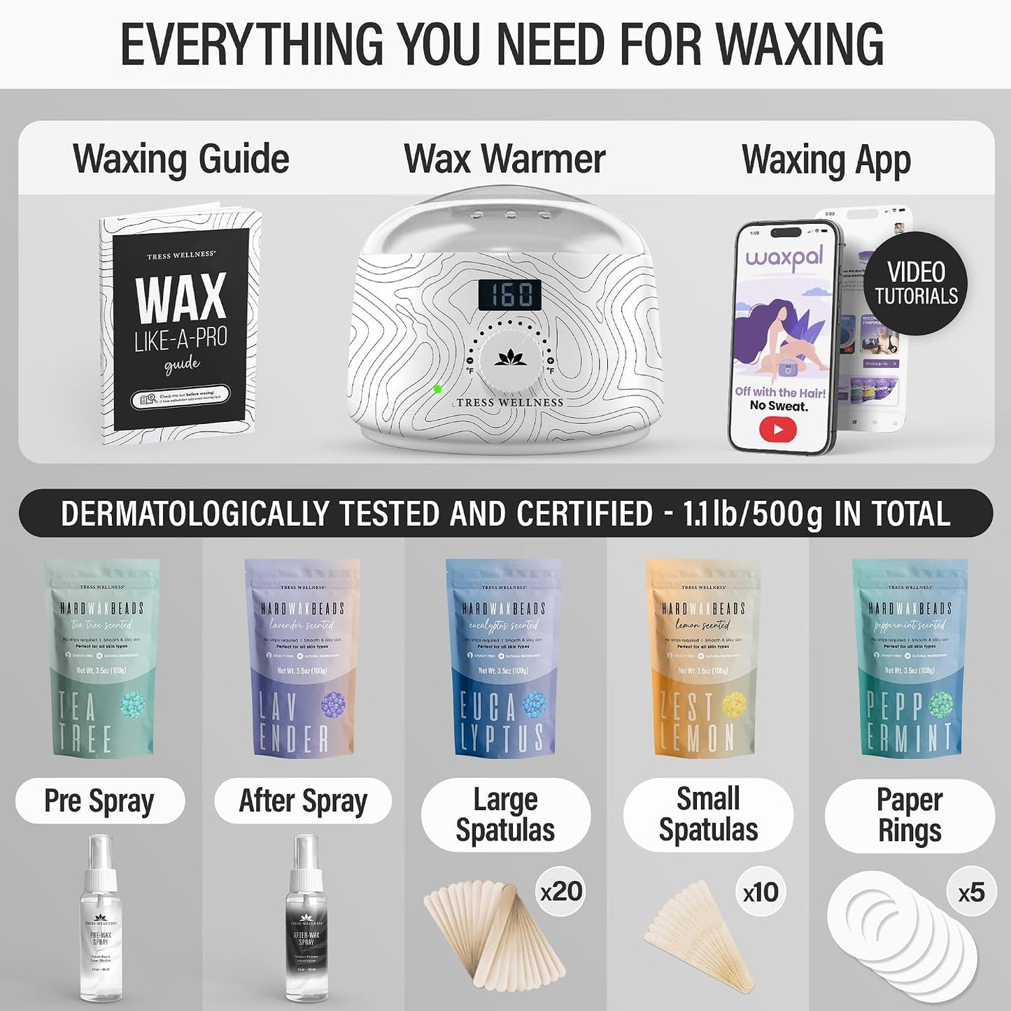 Tress Wellness Award Winning Waxing Kit for Sensitive Skin, Safe for Face & Skin, Easy to Use, At-Home Kit for Face, Bikini, Brazilian & Full Body - Digital Display, Black Purple Flower