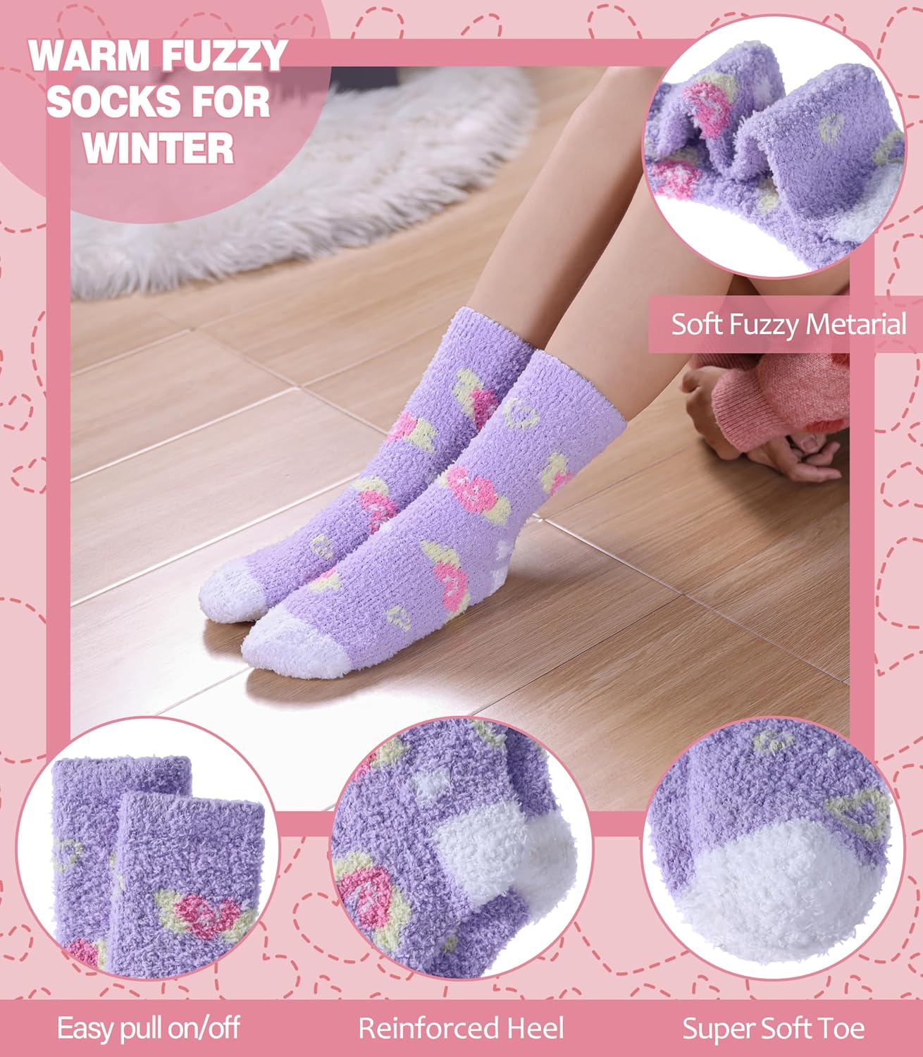 LANLEO Fuzzy Socks for Women Fluffy Slipper Winter Warm Soft Cozy Microfiber Plush Sleeping Heart Socks