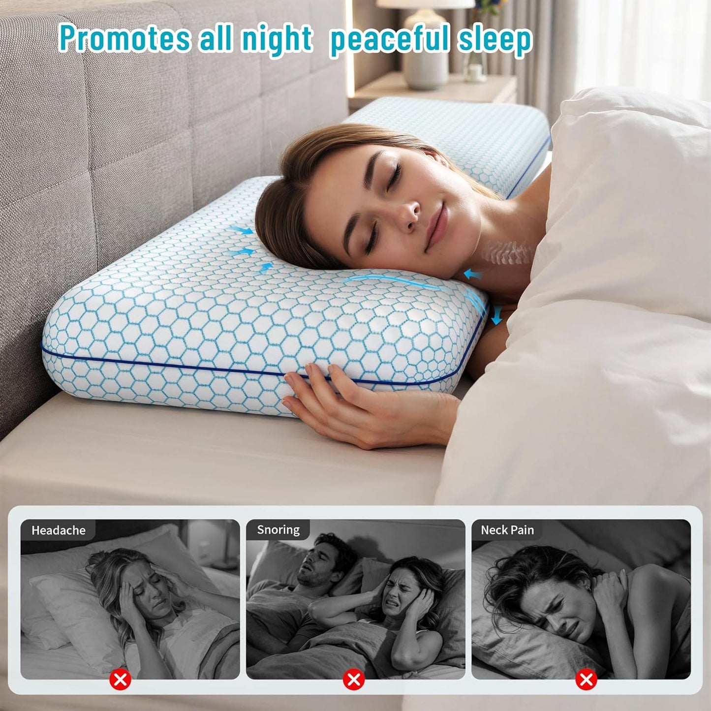 CushyOasis Memory Foam Pillows for Side, Back and Stomach Sleepers, Set of 2, Bed Pillow with Washable Cover and Breathable Mesh, Bed Pillow for Sleeping (Blue，Standard Size)