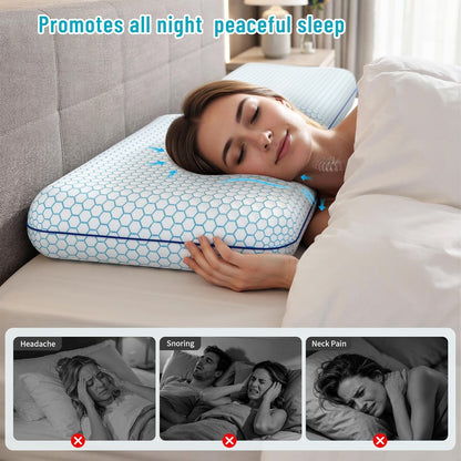 CushyOasis Memory Foam Pillows for Side, Back and Stomach Sleepers, Set of 2, Bed Pillow with Washable Cover and Breathable Mesh, Bed Pillow for Sleeping (Blue，Standard Size)