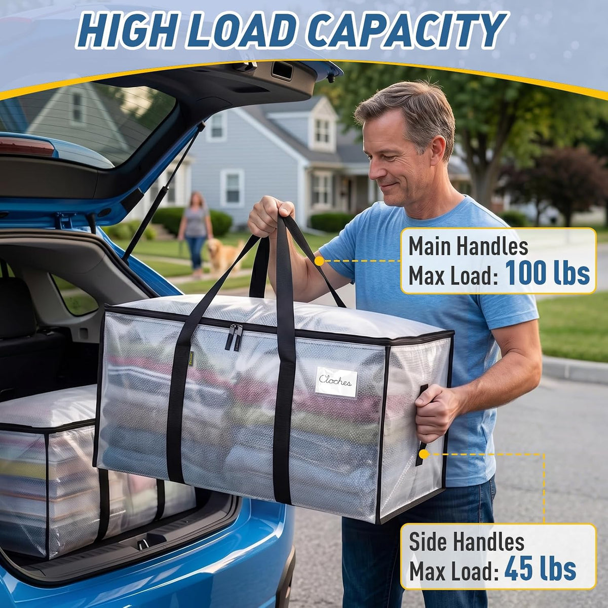 BALEINE Oversized Moving Bags with Reinforced Handles, Heavy-Duty Storage Tote for Clothes, Moving Supplies (Clear)