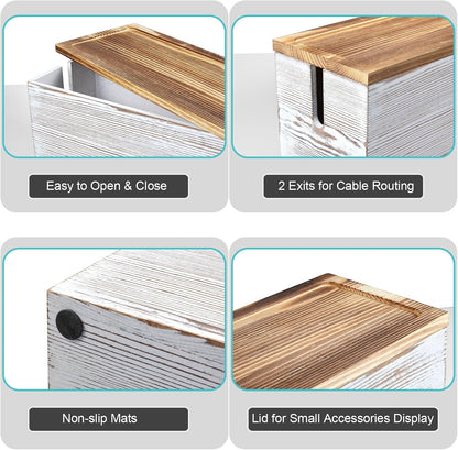 Bivvclaz Large Cable Management Box, Wooden Cord Organizer Box for Desk, Floor, Office to Hide Extension Cords Power Stripes Surge Protectors Chargers Wires, White