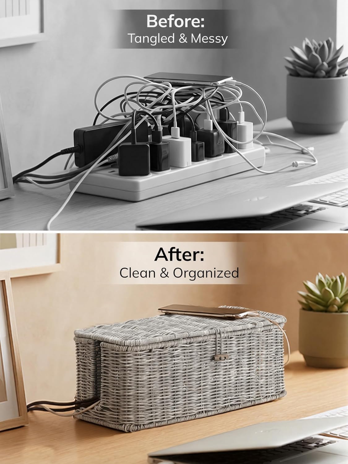 Cable Management Box, Cord Organizer with Lid & Cable Ties - Brown, L