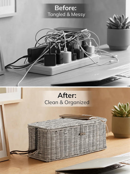 Cable Management Box, Cord Organizer with Lid & Cable Ties - Brown, L