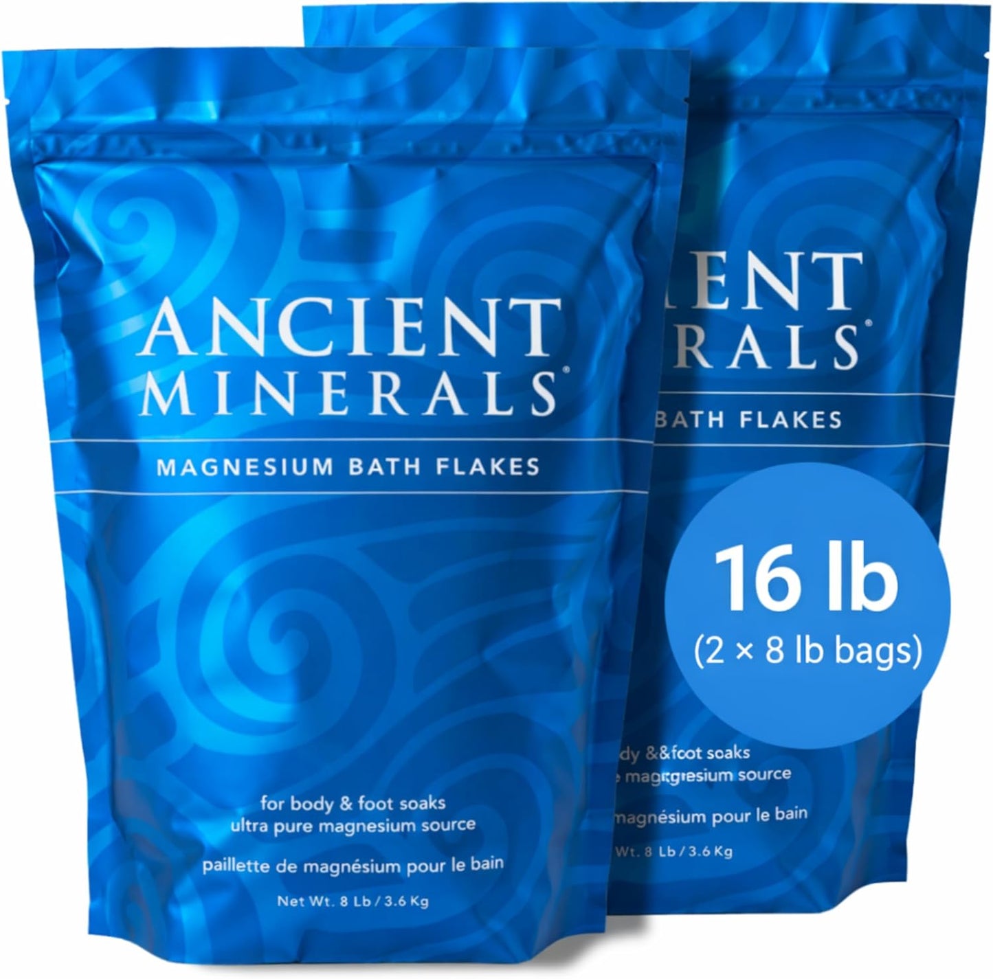 Ancient Minerals Magnesium Bath Flakes – Pure Zechstein Magnesium Chloride for Soaking and Whole-Body Replenishment, 8 lb Bag