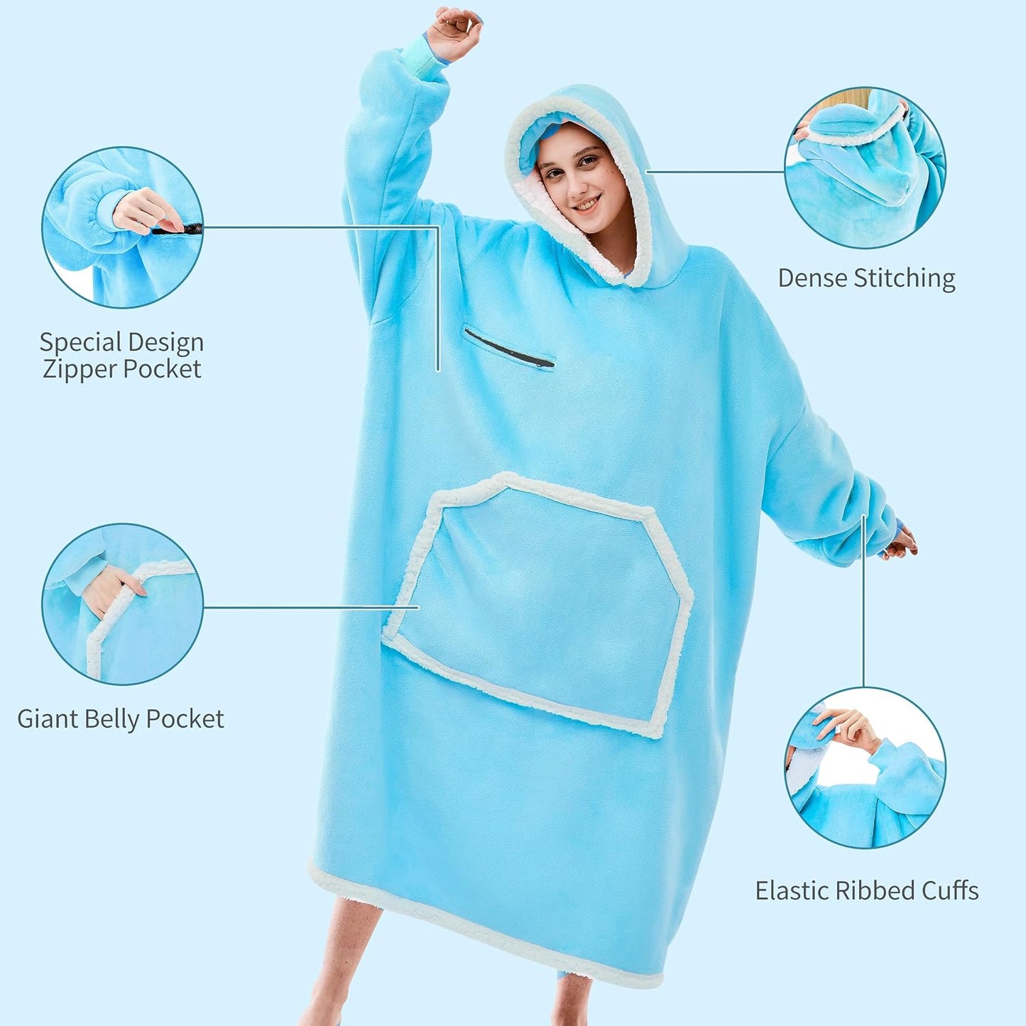 IFNOW Wearable Blanket Hoodie, Oversized Sherpa Fleece Hooded Blanket Sweatshirt with Eye Mask and Pocket, Comfy Long Flannel Blanket for Adults Men,Gifts for Women Mom Girlfriend,MoonFace