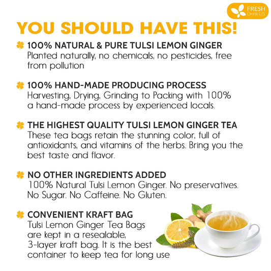 FreshDrinkUS, Premium 35 Tulsi Lemon Ginger Tea Bags, 100% Natural & Pure from Tulsi Holy Basil Leaves, Lemon and Ginger. Made with Natural Material Tea Bags. No Sugar, No Caffeine, Vegan.