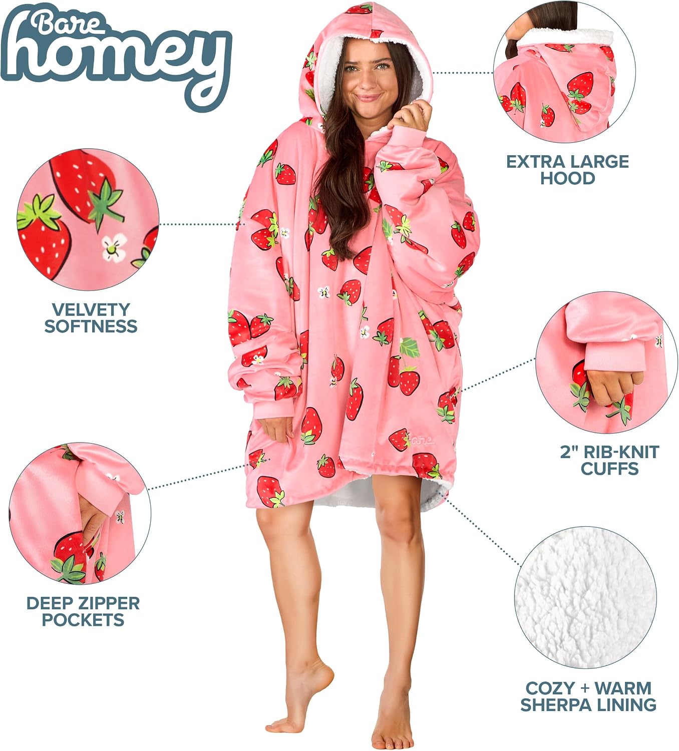Bare Home Wearable Blanket Hoodie - Soft Plush Sherpa - Warm and Cozy - Oversized Wearable Blanket