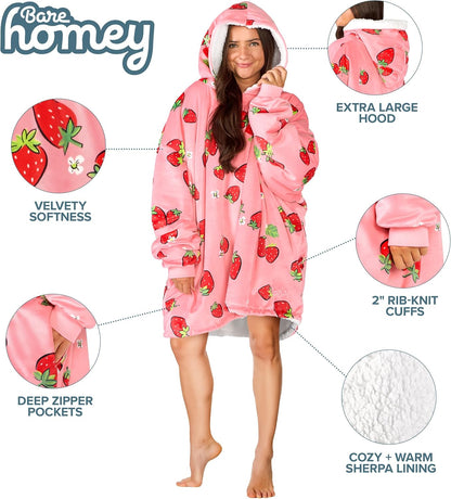 Bare Home Wearable Blanket Hoodie - Soft Plush Sherpa - Warm and Cozy - Oversized Wearable Blanket