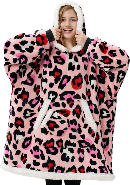 Giggling Getup Wearable Blanket Hoodie for Adults Gifts for Teen Girls Sister Women Sherpa Fleece Printed Hooded Blanket Sweatshirt Warm Cozy with Pocket & Sleeves Beige Cat