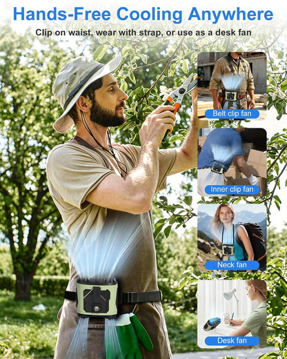 Waist Fan, 15000mAh, 100 Speeds, Belt Clip & Digital Display