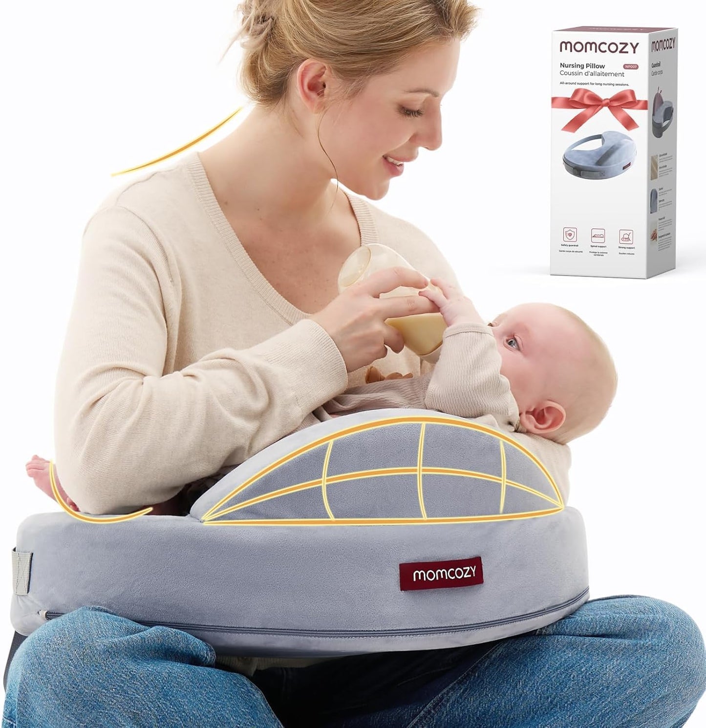 Momcozy CozyPro Nursing Pillow - All Around Lumbar & Arm Support - Safety Guard, Firm & Springy Memory Foam-Stable, Ergonomic Support, Easier Breastfeeding, Wider Cushion, Adjustable, Removable Cover