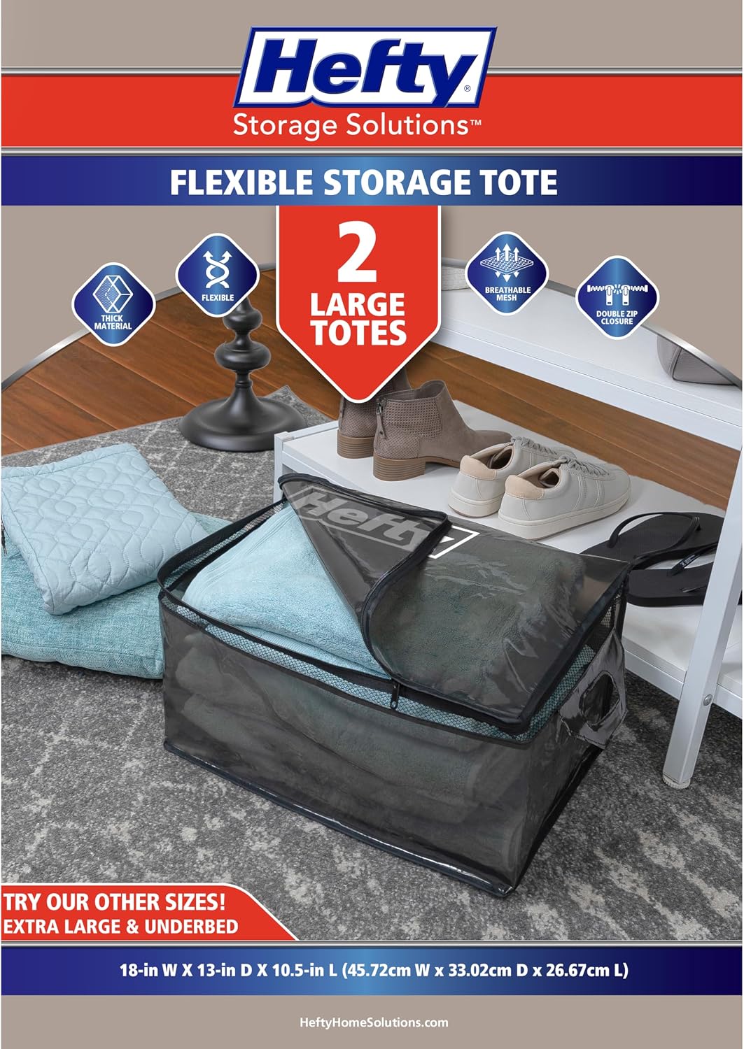Hefty Storage Bags Extra Large Double Zipper Backpack, Heavy Duty Water Resistant Moving Totes with Shoulder Straps, Foldable Reusable Packing Organizers, (X-Large Black)