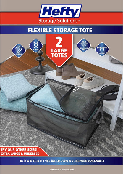 Hefty Storage Bags Extra Large Double Zipper Backpack, Heavy Duty Water Resistant Moving Totes with Shoulder Straps, Foldable Reusable Packing Organizers, (X-Large Black)