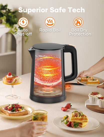 Small Electric Kettle, 0.8L Water Boiler & Heater, 1000W Hot Tea Pot, Double Wall Stainless Steel Cool Touch, Mini Coffee Kettle with Auto Shut Off & Boil Dry Protection, BPA-Free, Black