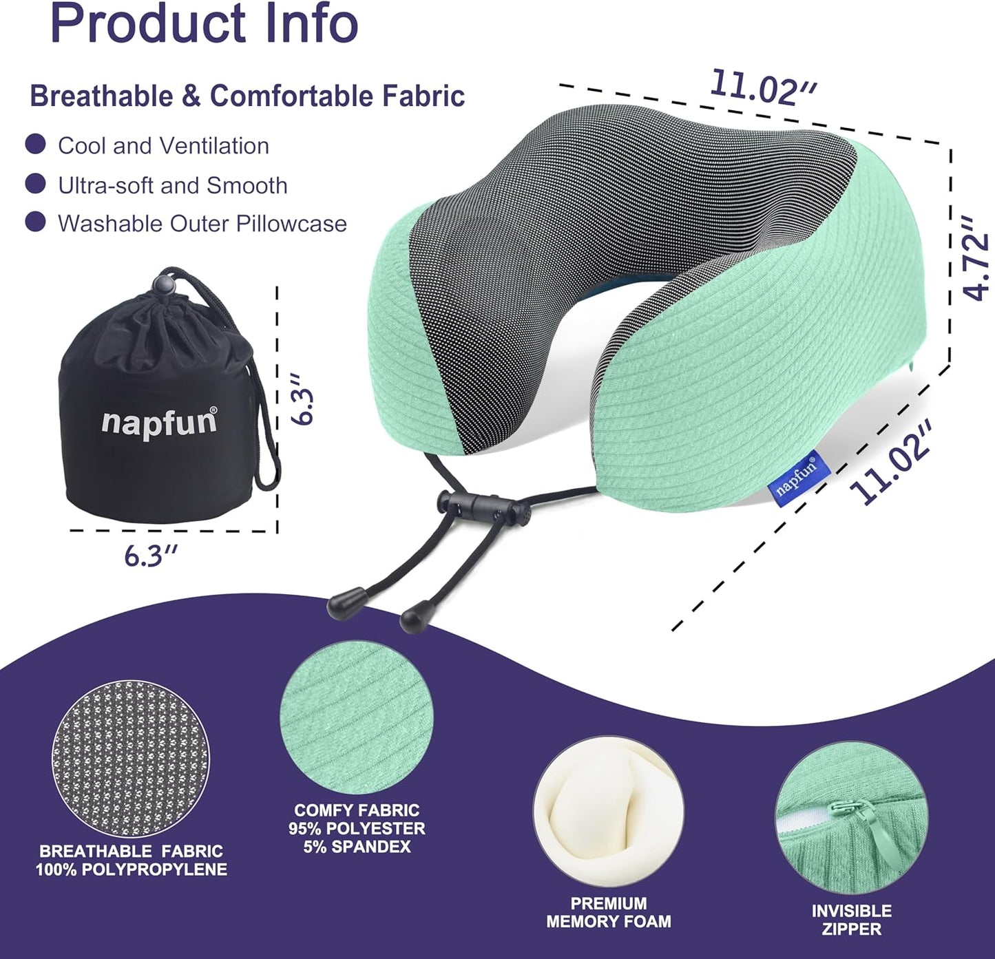 napfun Neck Pillow for Traveling, Upgraded Travel Neck Pillow for Airplane 100% Pure Memory Foam Travel Pillow for Flight Headrest Sleep, Portable Plane Accessories, Light Grey