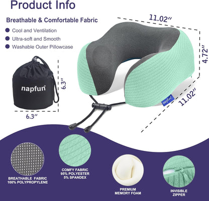 napfun Neck Pillow for Traveling, Upgraded Travel Neck Pillow for Airplane 100% Pure Memory Foam Travel Pillow for Flight Headrest Sleep, Portable Plane Accessories, Light Grey