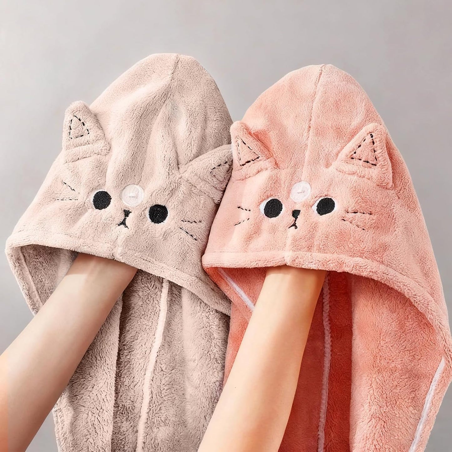 2Pack Microfiber Hair Towel Wrap for Kids, Cute Cat Absorbent Hair Drying Turbans Head Towels for Women Girls (Pink and Gray cat)