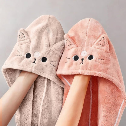 2Pack Microfiber Hair Towel Wrap for Kids, Cute Cat Absorbent Hair Drying Turbans Head Towels for Women Girls (Pink and Gray cat)