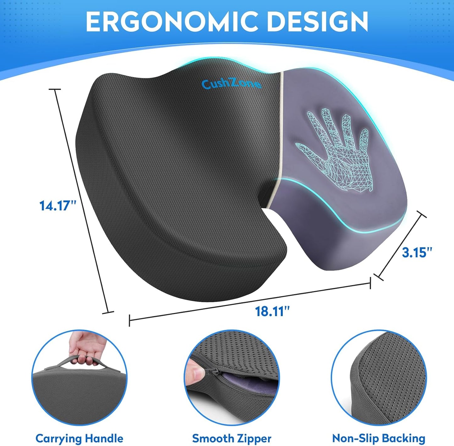 CushZone Seat Cushion - Memory Foam Office Chair Cushion for Sciatica, Tailbone & Back Pain Relief - Orthopedic Coccyx Pillow for Car, Airplane, Pregnancy & Long Sitting at Work, Black