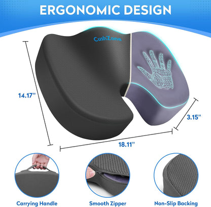 CushZone Seat Cushion - Memory Foam Office Chair Cushion for Sciatica, Tailbone & Back Pain Relief - Orthopedic Coccyx Pillow for Car, Airplane, Pregnancy & Long Sitting at Work, Black