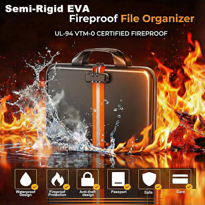 Fireproof Document Organizer with Lock, Semi-Rigid EVA Shell File Box with 13-Pocket Accordion Folder, Water-Resistant Storage for Important Documents, Passports & Certificates
