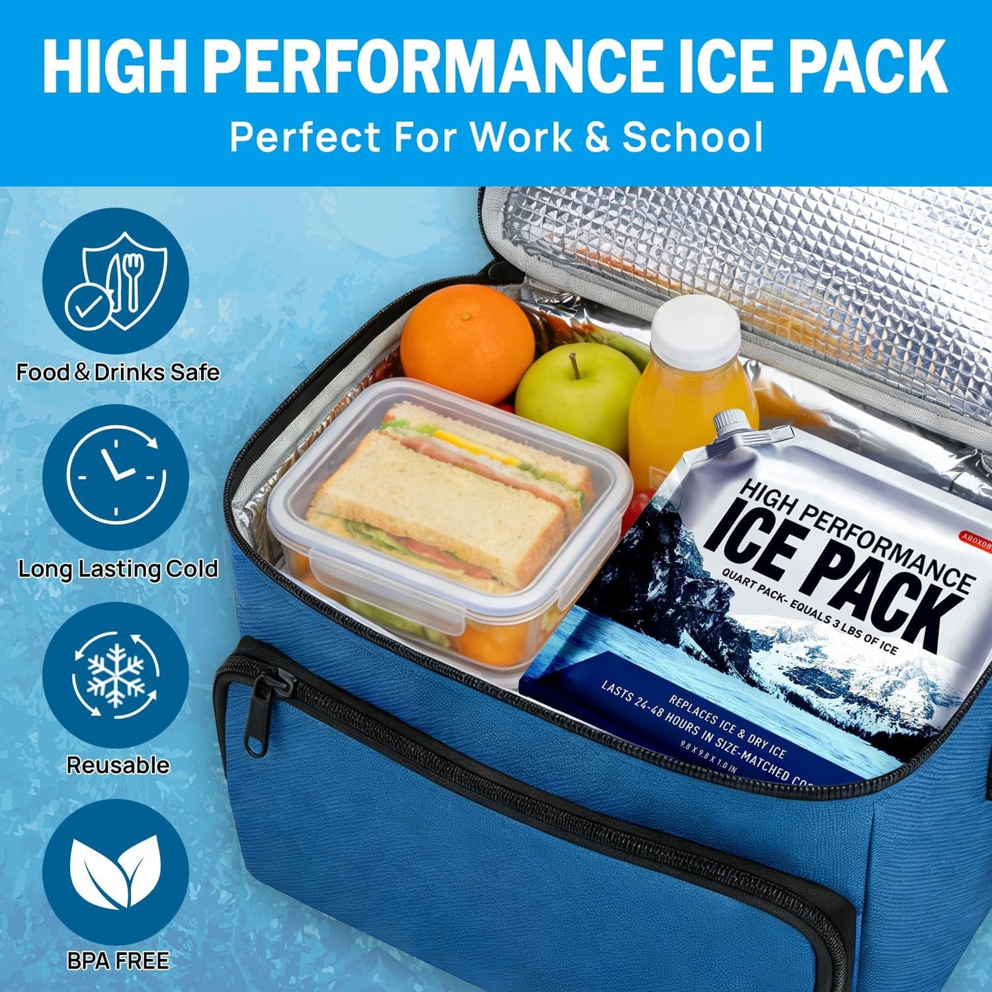 Reusable Ice Packs for Cooler Bag & Large Lunch Box, Long Lasting Gel Freezer Pack for Backpack, Heavy Duty Cold Packs for Camping, Travel, 3 Pack (9.8"x9.8")
