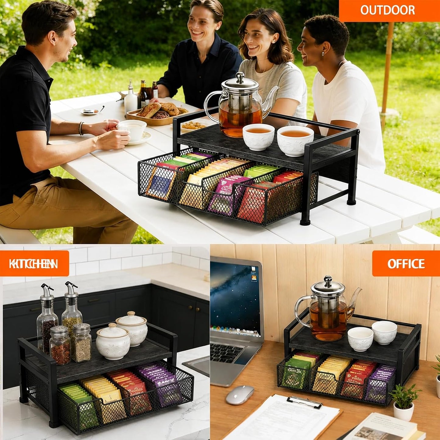 Tea Bag Organizer, Wooden Tea Box with Drawer and Top Tray, Rustic Brown