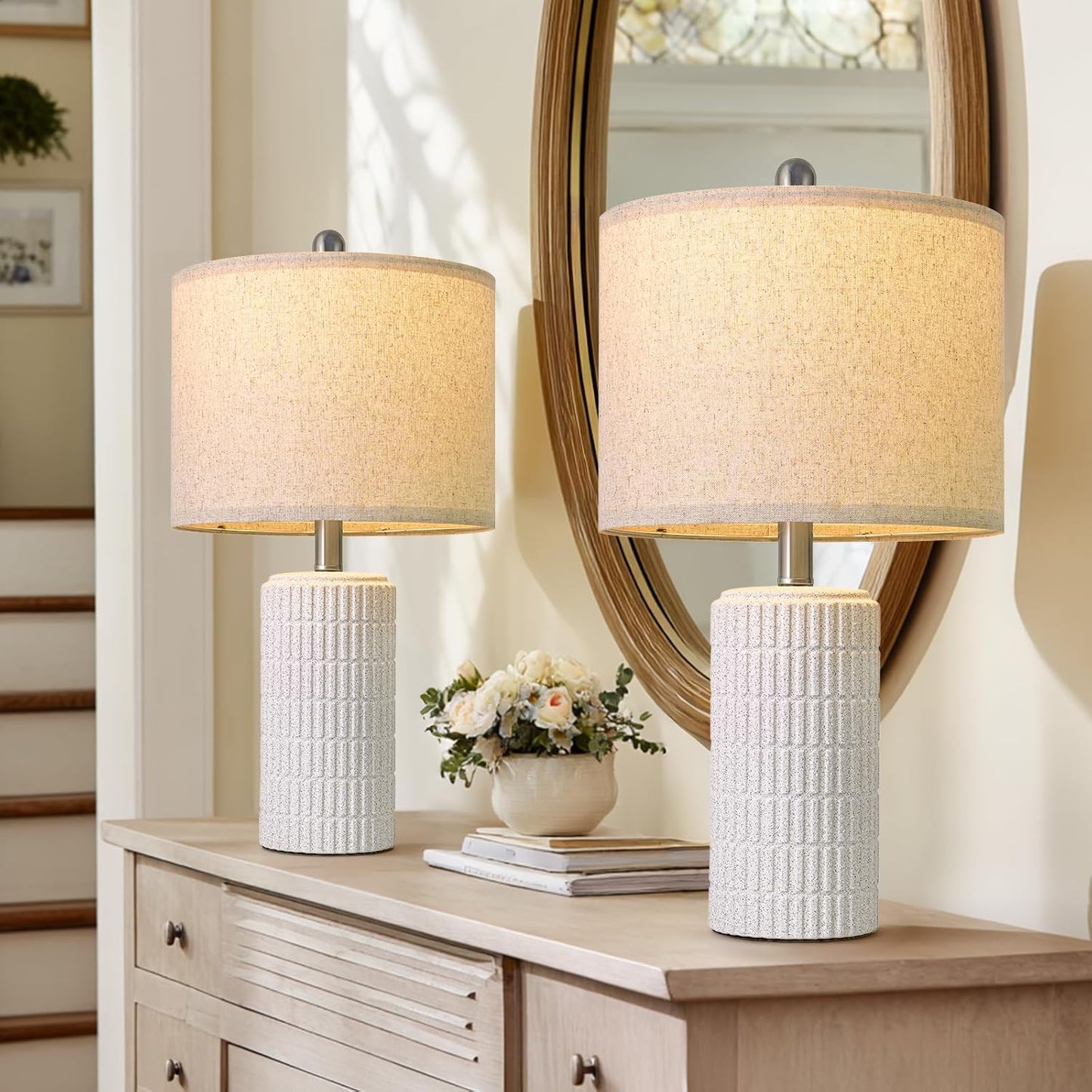 PoKat 20.75" Small Modern Ceramic Table Lamps Set of 2 for Bedroom, White Bedside Lamps for Night Stands, Farmhouse Desk Home Decor Gift Nightstand Table Lamps for Living Room End Table Beige