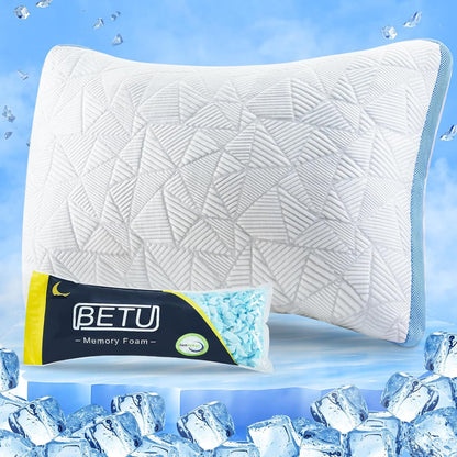 BETU Cooling Pillow Queen Size, Shredded Memory Foam Cool Pillow for Hot Sleepers, Adjustable Firm Soft Support Bed Pillows Perfect for Back Neck Pain and Side Sleeping with Pillow Case Cover, White