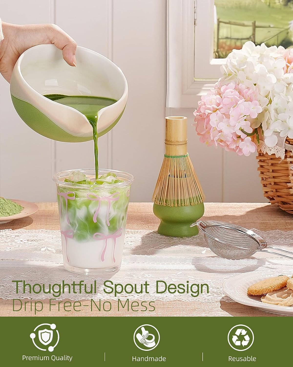 ZENS Matcha Whisk Set, Matcha Kit Set, Matcha Bowl with Spout, Bamboo Whisk & Scoop, Chasen Holder, 304 Sifter & Tea Mat, 6pcs Japaness Matcha Kit for Matcha Lovers, Birthday Gift, Pale Green