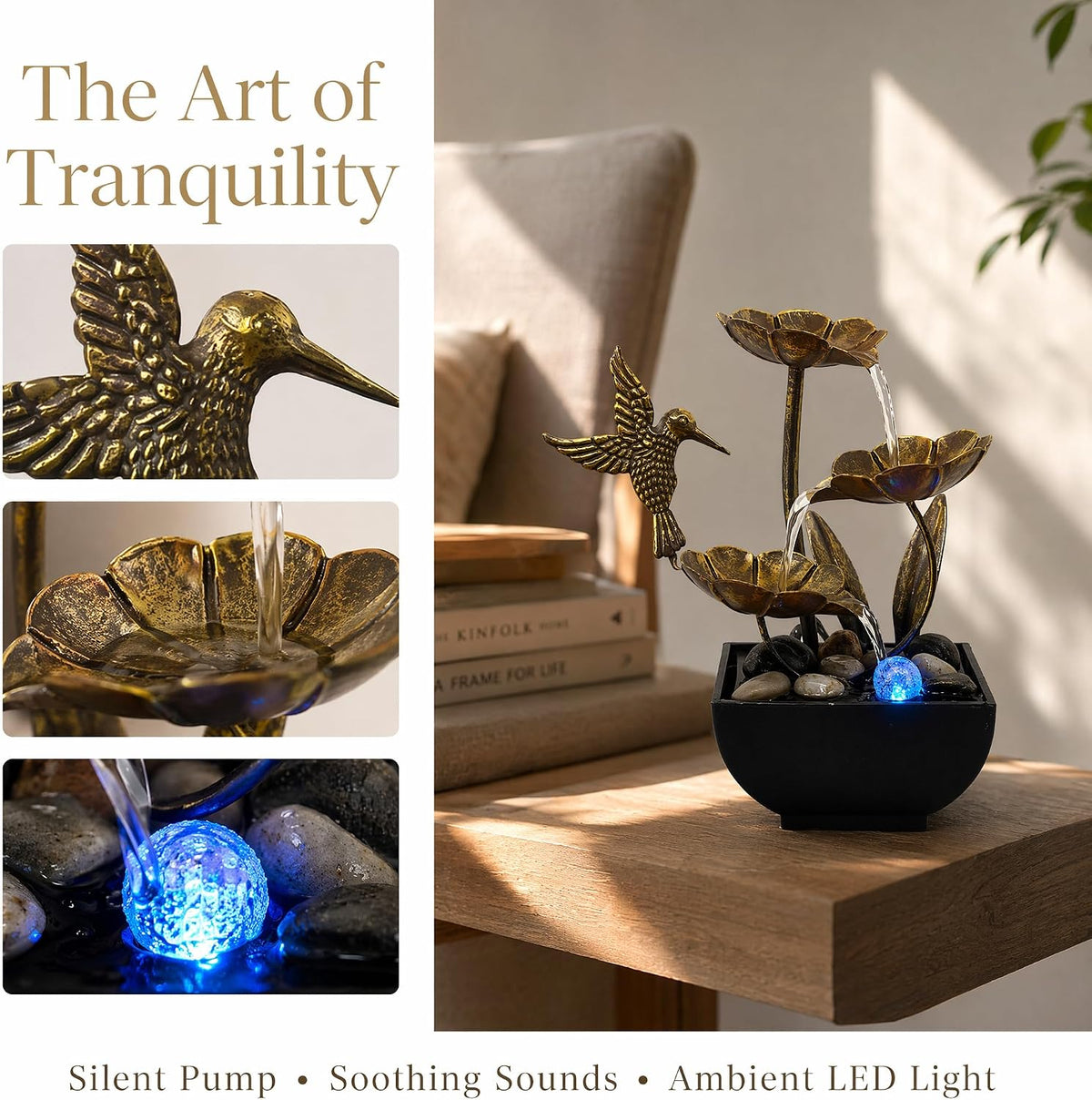 AOZITA Tabletop Fountain, Indoor Waterfall Fountain, Small Home Décor Zen Relaxation Soothing Sound Machine for Office, Living Room, or Bedroom,Blue Metal Lotus with Bud, River Rocks,Round LED