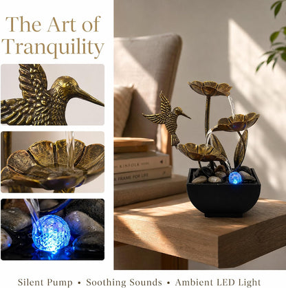 AOZITA Tabletop Fountain, Indoor Waterfall Fountain, Small Home Décor Zen Relaxation Soothing Sound Machine for Office, Living Room, or Bedroom,Blue Metal Lotus with Bud, River Rocks,Round LED