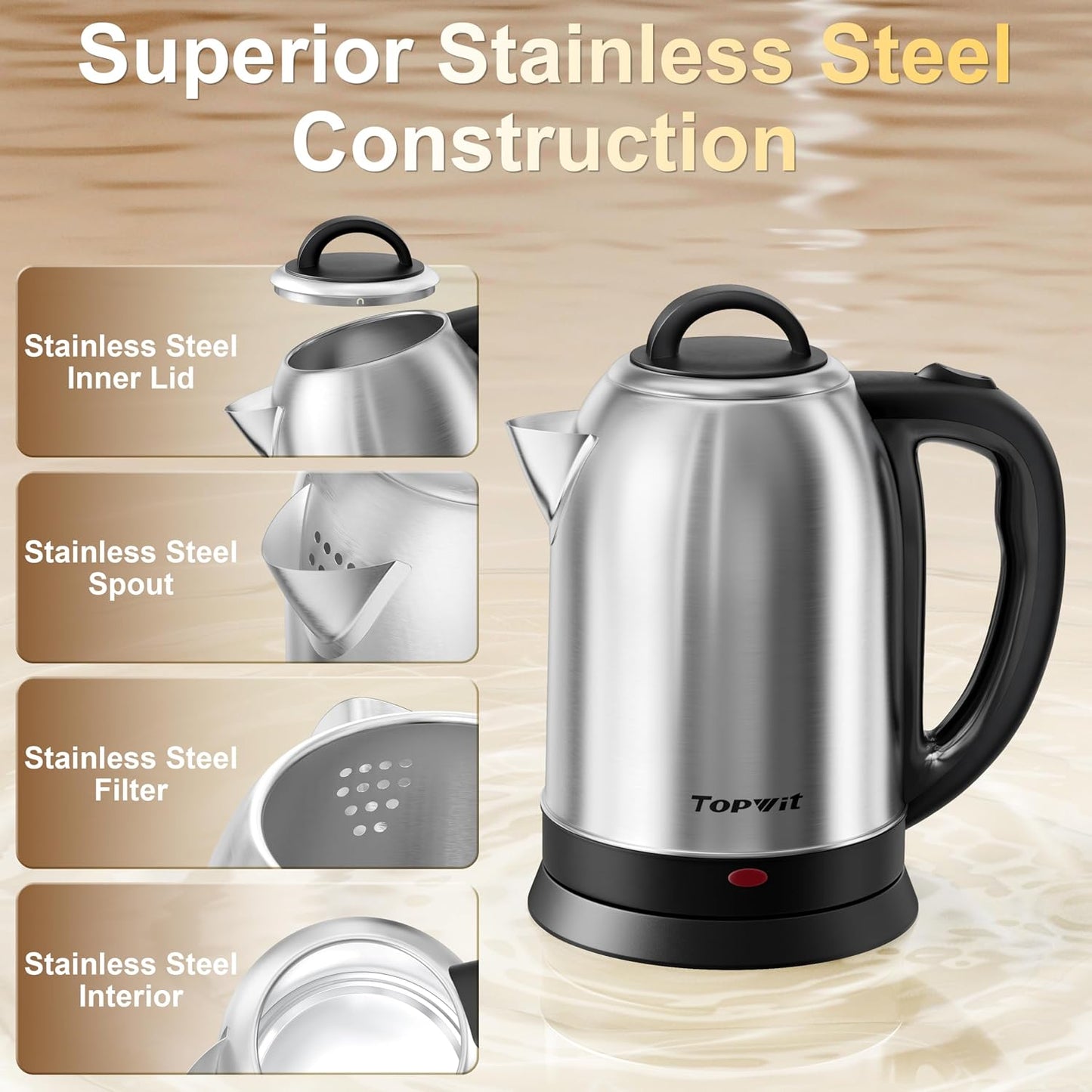 Topwit 2.5L Large Electric Kettle, BPA Free Stainless Steel Water Boiler & Heater, Fast Boil Electric Tea Kettle, Hot Water Kettle Electric with Auto Shut-Off & Boil-Dry Protection for Family