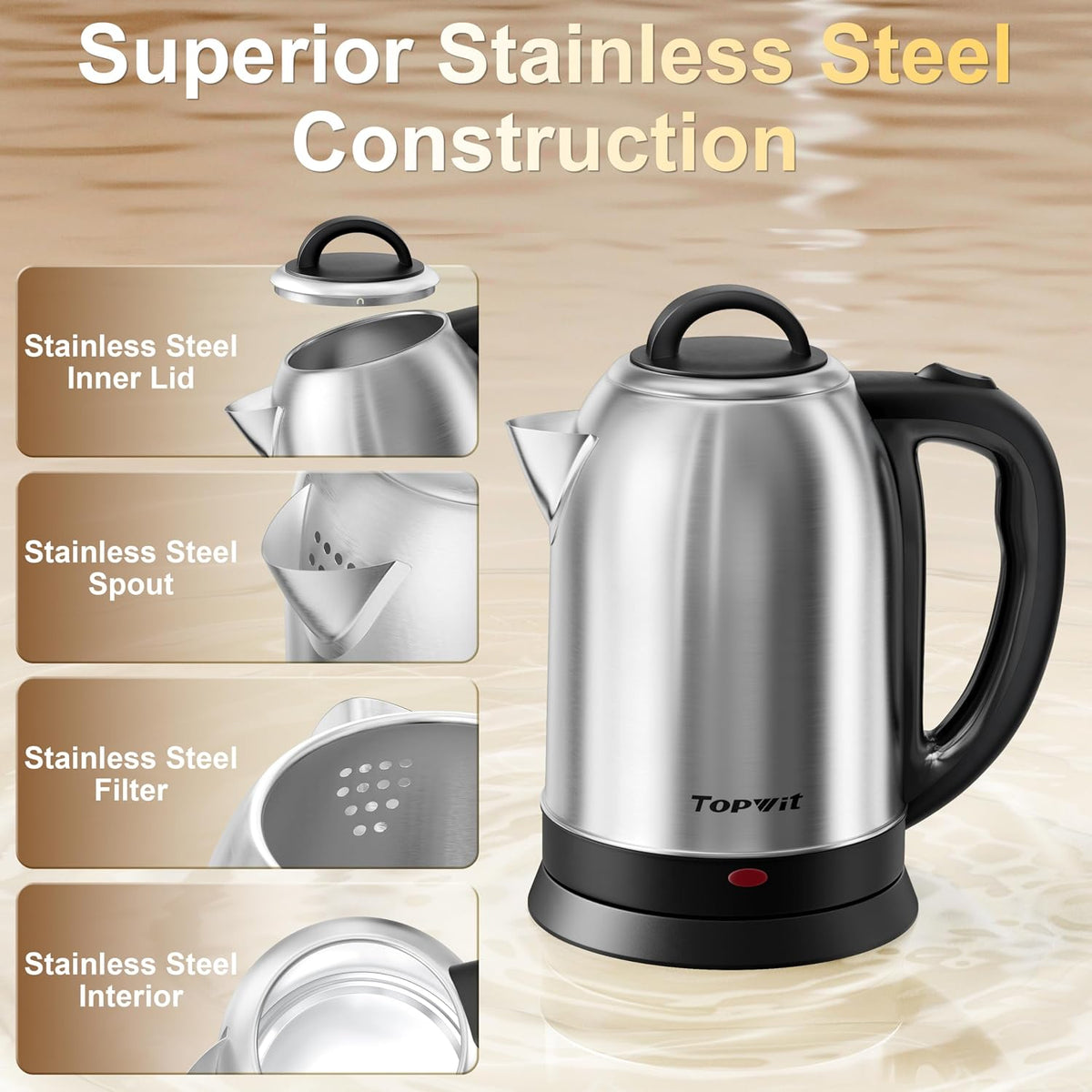 Topwit 2.5L Large Electric Kettle,Fast Boil Stainless Steel Electric Kettle