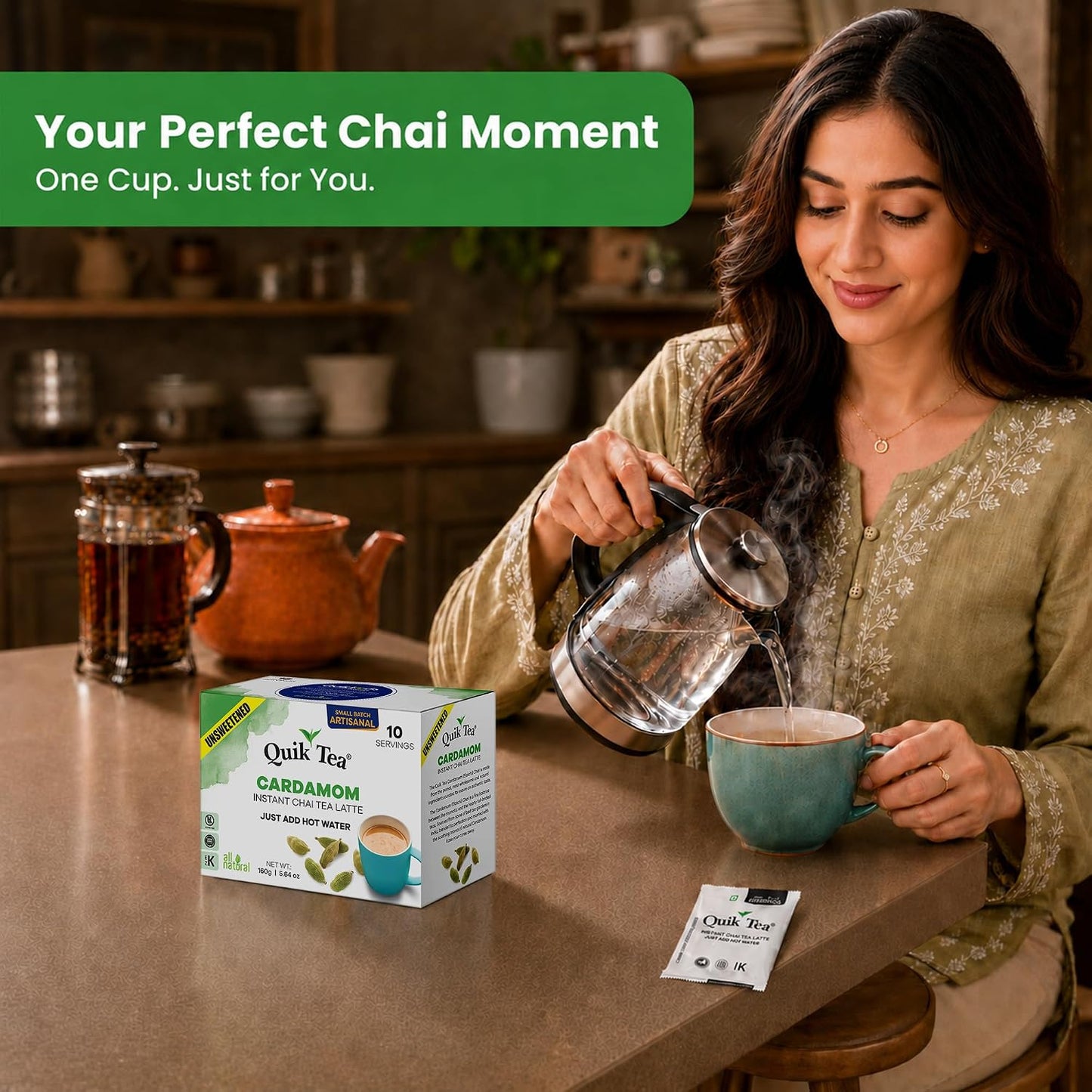 QuikTea Instant Cardamom Chai Tea Latte Unsweetened, 10 Single-Serve Sachets, Artisanal Indian Chai Latte Mix, Just Add Hot Water, Low Caffeine, Non-GMO, Gluten Free