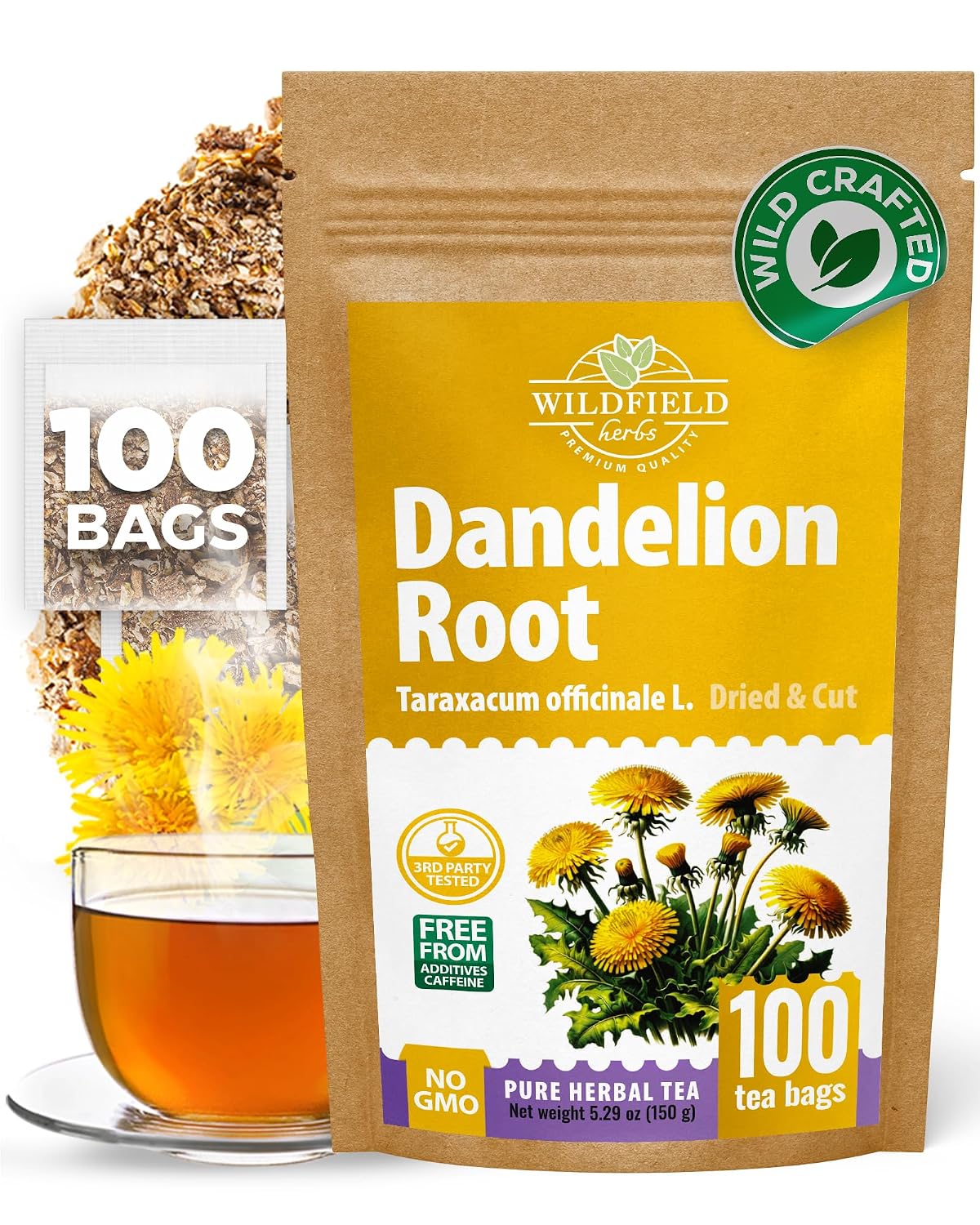 100 Bags Dandelion Root Tea Dandelion Tea Herbal (Taraxacum Officinale) - 100 Count 1.5g Bags Dried Herb Raíz De Diente De León